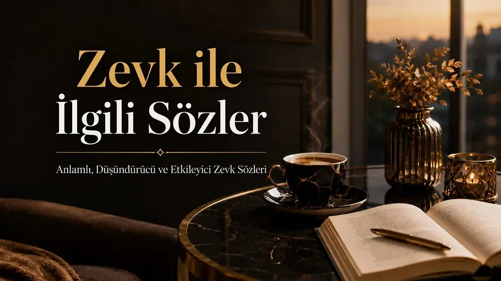 Zevk ile ilgili sözler başlıklı, kahve fincanı ve açık kitap bulunan şık blog kapak görseli.