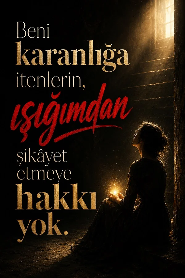 Karanlık merdiven dibinde oturan kadın ve kendisini karanlığa itenlerin ışığından şikâyet etmeye hakkı olmadığını anlatan söz.