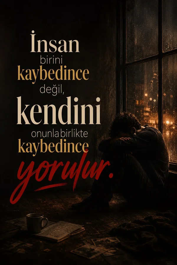 Pencere kenarında oturan hüzünlü adam ve insanın birini değil kendini kaybedince yorulduğunu anlatan duygusal söz.