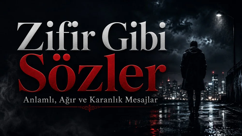 Karanlık yağmurlu şehir manzarasında yalnız yürüyen bir kişi ve Zifir Gibi Sözler başlığıyla hazırlanmış dramatik kapak görseli.