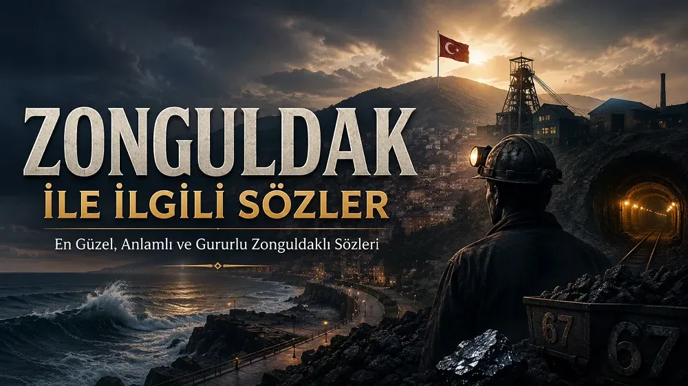Zonguldak ile İlgili Sözler başlıklı, Karadeniz kıyısı, madenci figürü, maden ocağı, kömür ve 67 plaka detayları bulunan 16:9 kapak görseli.