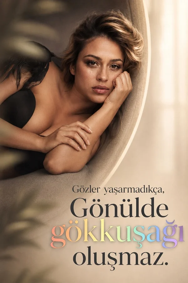 Koltukta yaslanmış, gözlerinde yaş olan bir kadının bulunduğu görselde “Gözler yaşarmadıkça, Gönülde gökkuşağı oluşmaz.” sözü yer alıyor.