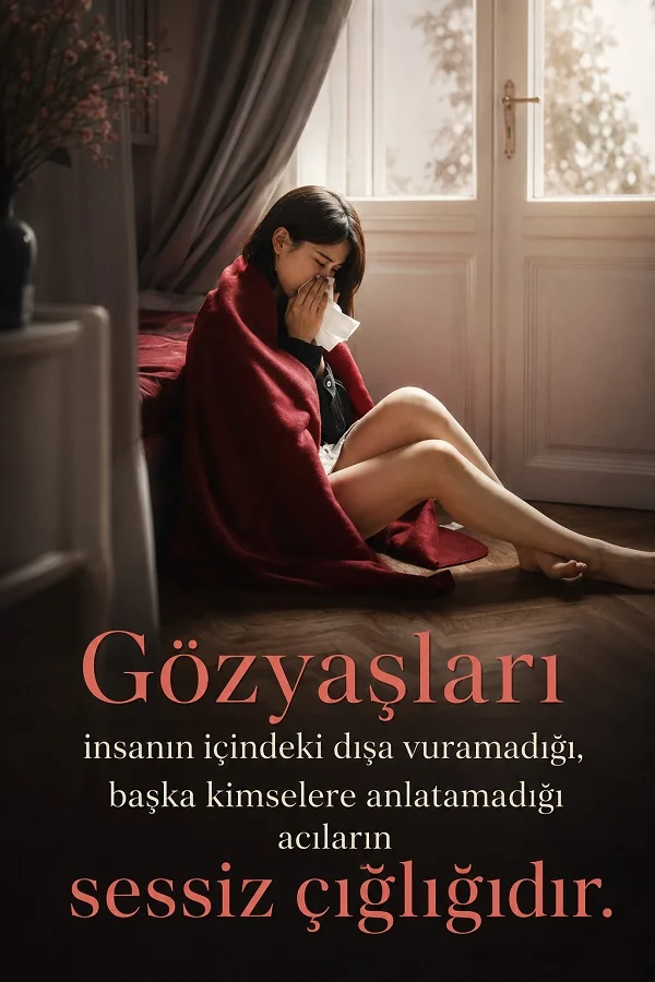 Pencere önünde yere oturmuş, kırmızı battaniyeye sarılı ve ağlayan bir kadının bulunduğu görselde “Gözyaşları insanın içindeki dışa vuramadığı, başka kimselere anlatamadığı acıların sessiz çığlığıdır.” sözü yer alıyor.