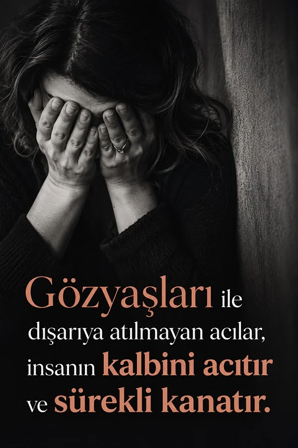 Yüzünü elleriyle kapatmış bir kişinin yer aldığı siyah beyaz görselde “Gözyaşları ile dışarıya atılmayan acılar, insanın kalbini acıtır ve sürekli kanatır.” sözü yazıyor.
