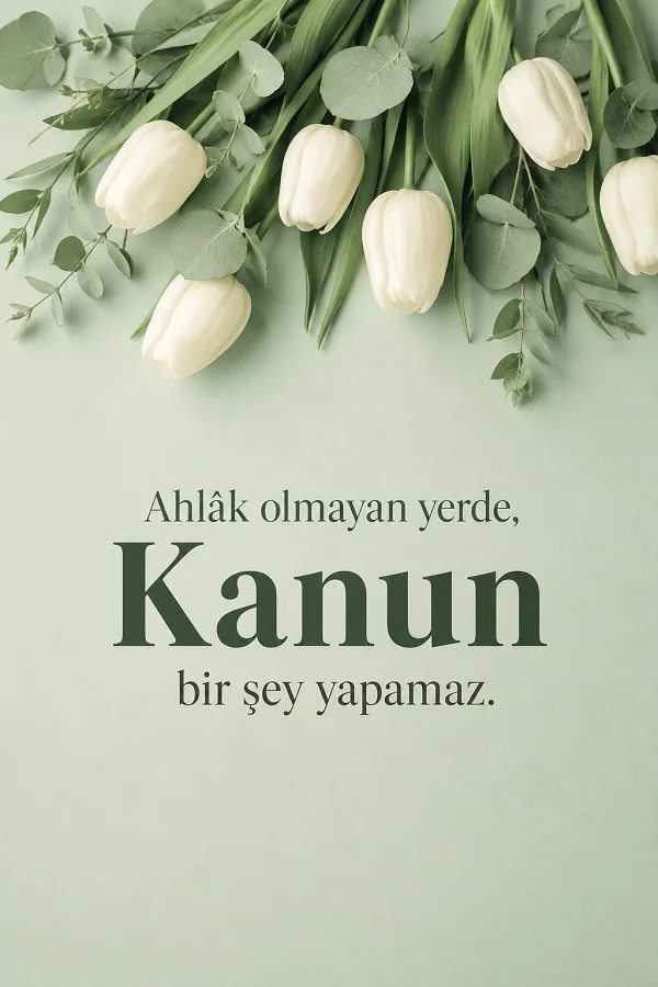 Açık yeşil fonda beyaz laleler bulunan tasarımda, “Ahlâk olmayan yerde, Kanun bir şey yapamaz.” sözü yer alıyor.