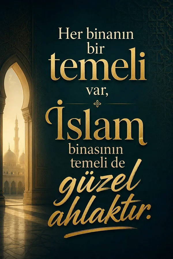 Kemerli bir yapının içinden cami siluetinin göründüğü tasarımda, “Her binanın bir temeli var, İslam binasının temeli de güzel ahlaktır.” sözü yazıyor.