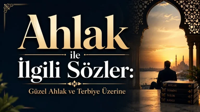 Gün batımı manzarası, zarif kemerli mimari yapı, kitaplar ve oturan bir kişi eşliğinde “Ahlak ile İlgili Sözler Güzel Ahlak ve Terbiye Üzerine” başlığının yer aldığı modern kapak görseli.