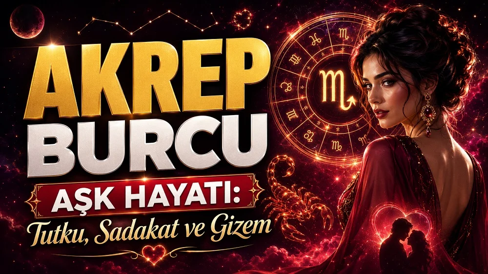 Akrep burcunun aşk hayatını anlatan, bordo ve altın tonlarda hazırlanmış; Akrep sembolü, burç çarkı, kadın figürü ve romantik çift silüeti içeren astrolojik kapak görseli.
