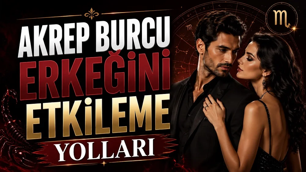 Akrep Burcu Erkeğini Etkileme Yolları başlıklı, romantik kadın ve erkek figürlü, Akrep burcu sembolü, akrep detayı ve astroloji çemberi bulunan siyah, bordo ve altın tonlarında modern astroloji kapak görseli.