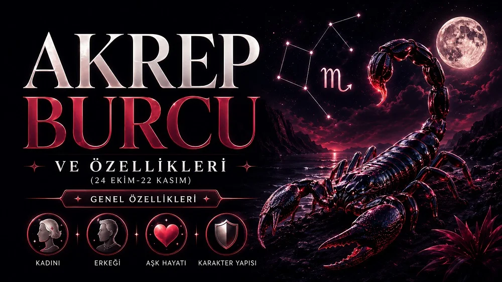 Akrep Burcu ve Özellikleri başlıklı, gece manzarası eşliğinde akrep figürü, ay, burç sembolü ve genel özellikler ikonlarının yer aldığı kapak görseli