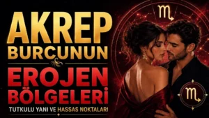 Akrep Burcunun Erojen Bölgeleri: Tutkulu Yanı ve Hassas Noktaları başlıklı, romantik çift figürlü, Akrep burcu sembolü ve kırmızı siyah tonlarda hazırlanmış modern astroloji kapak görseli.
