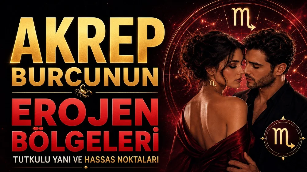 Akrep Burcunun Erojen Bölgeleri: Tutkulu Yanı ve Hassas Noktaları başlıklı, romantik çift figürlü, Akrep burcu sembolü ve kırmızı siyah tonlarda hazırlanmış modern astroloji kapak görseli.