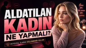 Aldatılan kadın ne yapmalı başlıklı, kırık kalp simgeleri ve duygusal ifadeli sarışın kadın figürü bulunan modern kapak görseli.