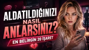 Aldatıldığınızı nasıl anlarsınız başlıklı, elinde telefon tutan endişeli sarışın kadın, soru işaretleri, mesaj bildirimleri ve kırık kalp simgesi içeren modern kapak görseli.