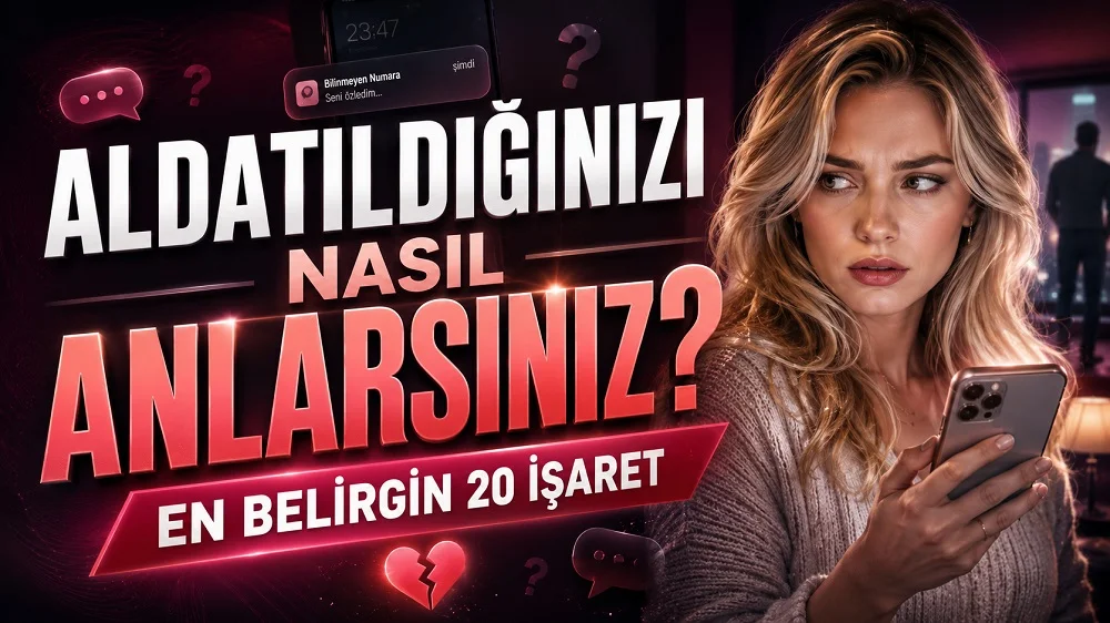 Aldatıldığınızı nasıl anlarsınız başlıklı, elinde telefon tutan endişeli sarışın kadın, soru işaretleri, mesaj bildirimleri ve kırık kalp simgesi içeren modern kapak görseli.