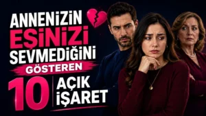 Annenizin Eşinizi Sevmediğini Gösteren 10 Açık İşaret başlıklı, endişeli kadın, eş ve anne figürlü, koyu lacivert, siyah ve pembe tonlarında hazırlanmış modern ilişki ve aile temalı kapak görseli.
