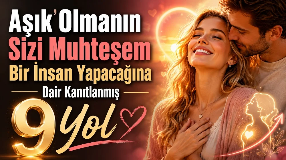 Aşık Olmanın Sizi Muhteşem Bir İnsan Yapacağına Dair Kanıtlanmış 9 Yol başlıklı, sıcak gün batımı atmosferinde sarışın kadın ve partnerinin romantik yakınlığını, kalp sembollerini ve kişisel gelişim temasını içeren ilişki kapak tasarımı.