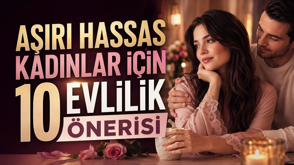 Aşırı Hassas Kadınlar İçin 10 Evlilik Önerisi başlıklı, romantik ortamda oturan hassas kadın ve ona destek olan eş figürü, mum ışıkları, çiçekler ve sıcak tonlar içeren evlilik temalı kapak tasarımı.