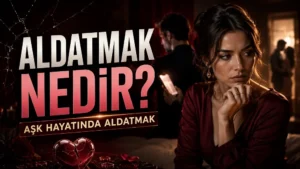 Aldatmak Nedir Aşk Hayatında Aldatmak başlıklı, düşünceli kadın, telefon kullanan erkek, kırık kalp sembolü, loş oda ve arka planda uzaklaşan çift silüeti içeren ilişki temalı kapak tasarımı.