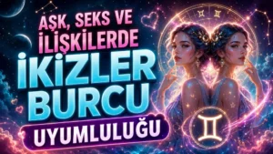 Aşk, seks ve ilişkilerde İkizler Burcu uyumluluğu başlıklı, ikiz kadın figürleri, İkizler burcu sembolü, yıldızlar, kalp ışıkları ve astroloji çemberi içeren kapak tasarımı.