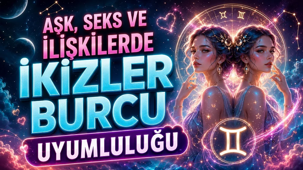 Aşk, seks ve ilişkilerde İkizler Burcu uyumluluğu başlıklı, ikiz kadın figürleri, İkizler burcu sembolü, yıldızlar, kalp ışıkları ve astroloji çemberi içeren kapak tasarımı.