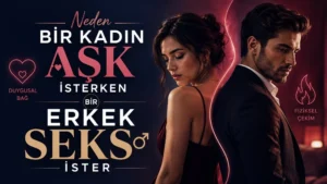 Neden Bir Kadın Aşk İsterken Bir Erkek Seks İster başlıklı, kadın ve erkek figürlü, koyu lacivert ve kırmızı tonlarda hazırlanmış modern ilişki ve çekim temalı kapak görseli.