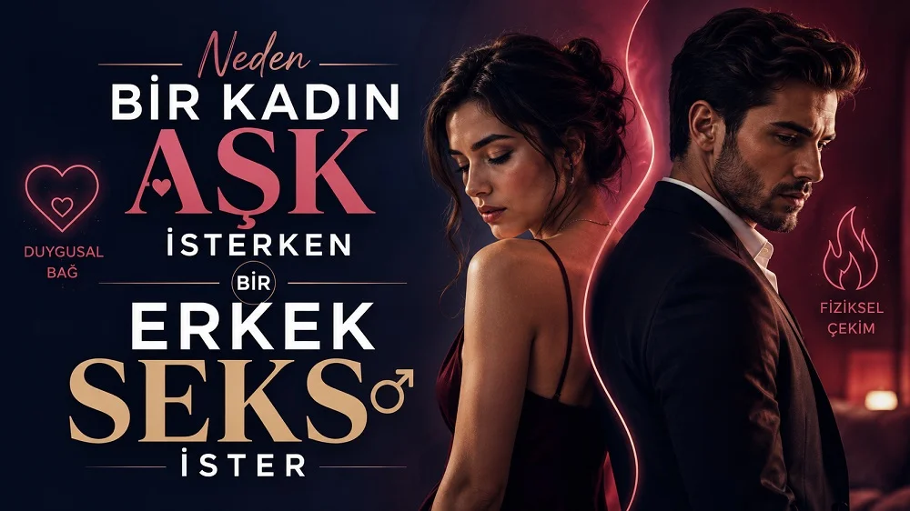 Neden Bir Kadın Aşk İsterken Bir Erkek Seks İster başlıklı, kadın ve erkek figürlü, koyu lacivert ve kırmızı tonlarda hazırlanmış modern ilişki ve çekim temalı kapak görseli.