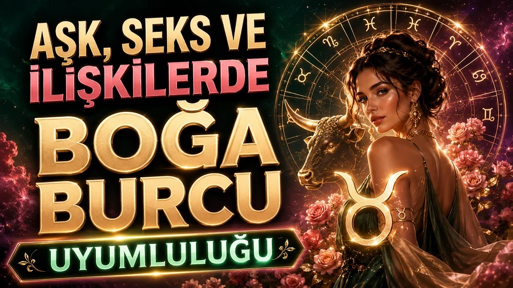 Aşk, seks ve ilişkilerde Boğa Burcu uyumluluğu başlıklı, Boğa burcu sembolü, boğa figürü, astroloji çemberi, yıldızlar, çiçekler ve zarif kadın figürü içeren kapak tasarımı.