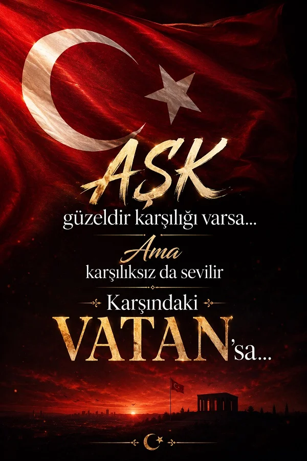 Türk bayrağı fonunda, “Aşk güzeldir karşılığı varsa ama karşılıksız da sevilir karşındaki vatansa” sözünün yer aldığı vatan sevgisi temalı tasarım.
