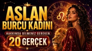 Aslan burcu kadını hakkında bilinmesi gereken 20 gerçeği anlatan; Aslan sembolü, burç çarkı, kadın figürü ve aslan detayı içeren altın kırmızı tonlarda astrolojik kapak görseli.