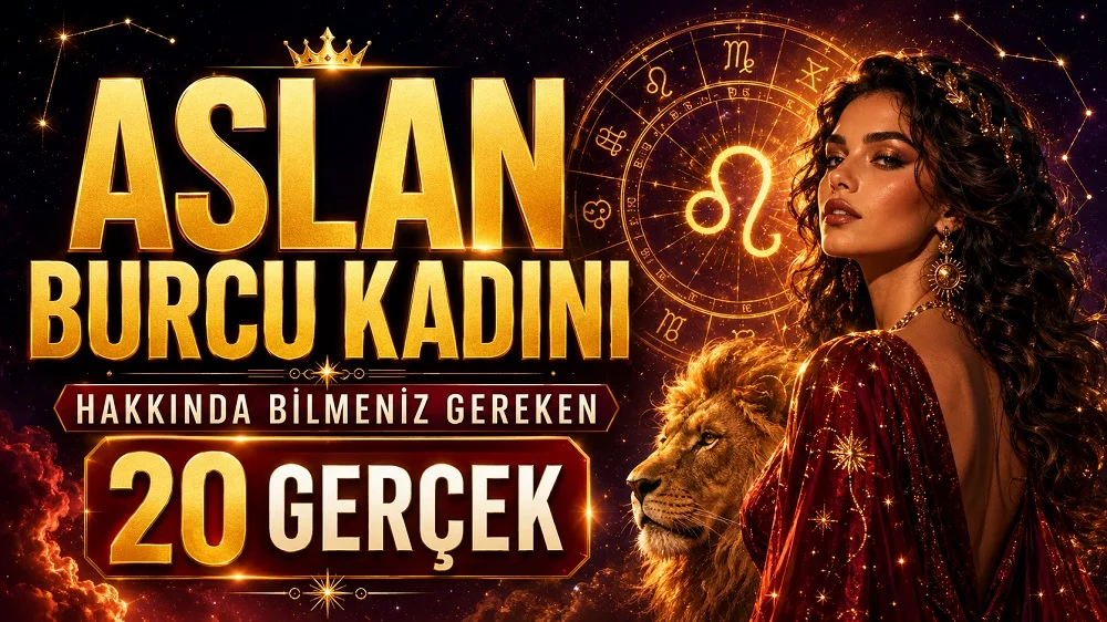Aslan burcu kadını hakkında bilinmesi gereken 20 gerçeği anlatan; Aslan sembolü, burç çarkı, kadın figürü ve aslan detayı içeren altın kırmızı tonlarda astrolojik kapak görseli.