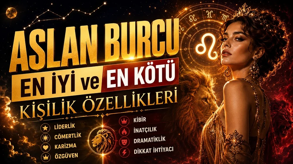 Aslan burcunun en iyi ve en kötü kişilik özelliklerini anlatan, altın ve kırmızı tonlarda hazırlanmış astrolojik kapak görseli.
