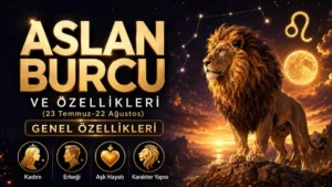 Aslan burcu başlığı, aslan figürü, yıldızlı gökyüzü, burç sembolü ve alt bölümde özellik simgeleriyle hazırlanmış astroloji temalı kapak tasarımı