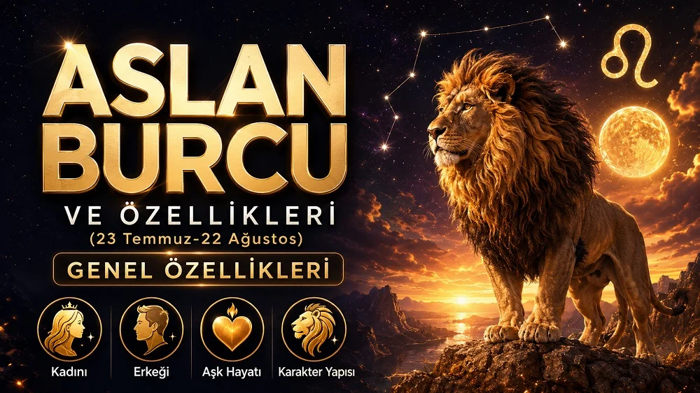 Aslan burcu başlığı, aslan figürü, yıldızlı gökyüzü, burç sembolü ve alt bölümde özellik simgeleriyle hazırlanmış astroloji temalı kapak tasarımı