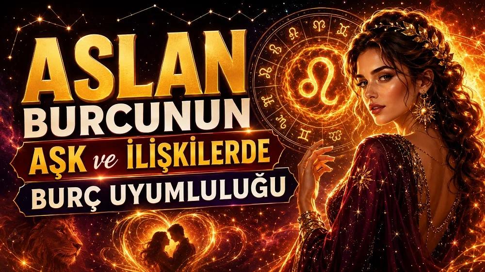 Aslan burcunun aşk ve ilişkilerde burç uyumluluğunu anlatan, altın ve turuncu tonlarda hazırlanmış astrolojik kapak görseli.