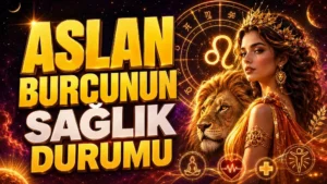 Aslan Burcunun Sağlık Durumu başlıklı, Aslan burcu sembolü, aslan figürü, astroloji çemberi, sağlık ikonları ve gösterişli kadın figürü içeren astroloji kapak tasarımı.