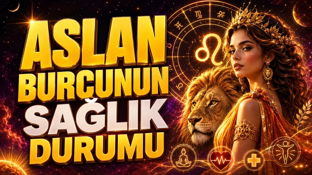 Aslan Burcunun Sağlık Durumu başlıklı, Aslan burcu sembolü, aslan figürü, astroloji çemberi, sağlık ikonları ve gösterişli kadın figürü içeren astroloji kapak tasarımı.