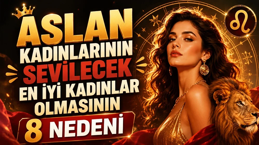 Aslan Kadınlarının Sevilecek En İyi Kadınlar Olmasının 8 Nedeni başlıklı, Aslan burcu sembolü, aslan figürü ve güçlü kadın portresi bulunan altın ve kırmızı tonlarda modern kapak görseli.
