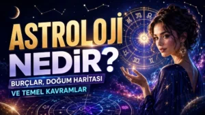 Astroloji Nedir? Burçlar, Doğum Haritası ve Temel Kavramlar başlıklı, burç çemberi, yıldızlar, gezegenler ve astroloji temalı kadın figürü bulunan modern kapak görseli.