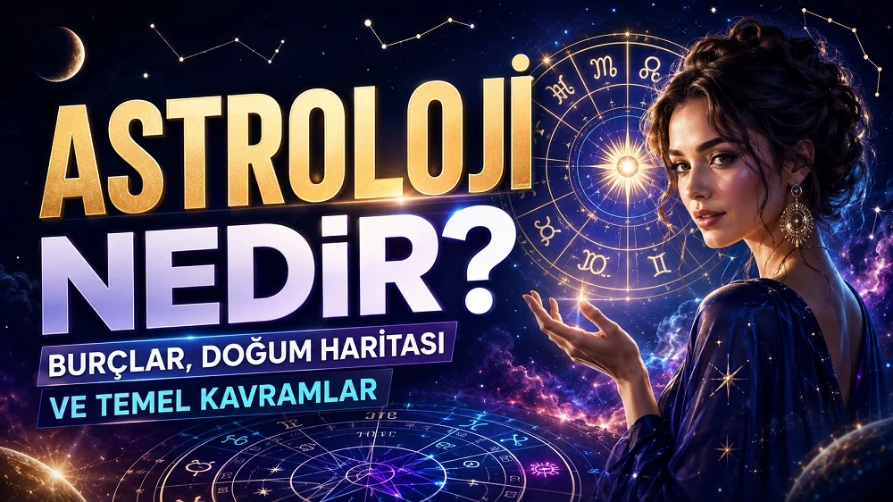 Astroloji Nedir? Burçlar, Doğum Haritası ve Temel Kavramlar başlıklı, burç çemberi, yıldızlar, gezegenler ve astroloji temalı kadın figürü bulunan modern kapak görseli.