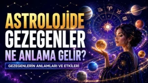 Astrolojide Gezegenler Ne Anlama Gelir? Gezegenlerin Anlamları ve Etkileri başlıklı, gezegenler, burç çemberi, yıldızlar ve astroloji temalı kadın figürü bulunan modern kapak görseli.