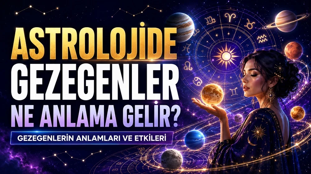 Astrolojide Gezegenler Ne Anlama Gelir? Gezegenlerin Anlamları ve Etkileri başlıklı, gezegenler, burç çemberi, yıldızlar ve astroloji temalı kadın figürü bulunan modern kapak görseli.