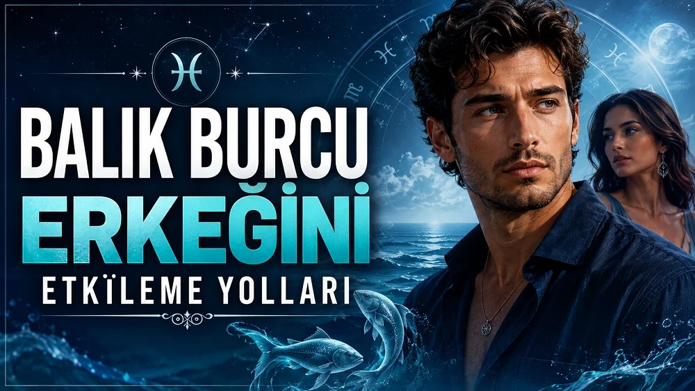 Balık Burcu Erkeğini Etkileme Yolları başlıklı, erkek ve kadın figürlü, Balık burcu sembolü, deniz, ay ışığı ve balık detayları bulunan modern astroloji kapak görseli.