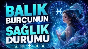 Balık Burcunun Sağlık Durumu başlıklı, Balık burcu sembolü, balık figürleri, astroloji çemberi, su teması, sağlık ikonları ve mistik kadın figürü içeren astroloji kapak tasarımı.