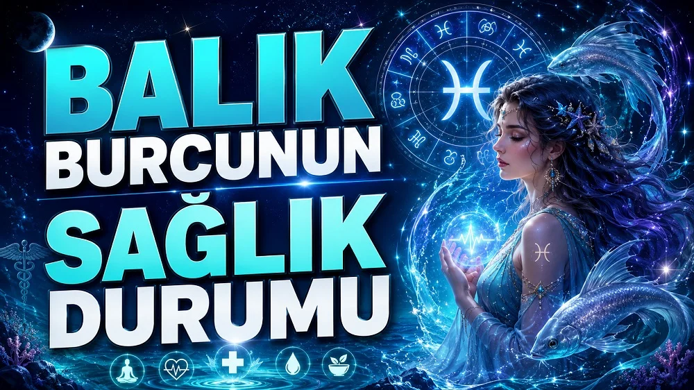 Balık Burcunun Sağlık Durumu başlıklı, Balık burcu sembolü, balık figürleri, astroloji çemberi, su teması, sağlık ikonları ve mistik kadın figürü içeren astroloji kapak tasarımı.