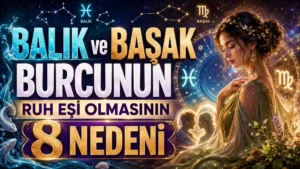 Balık ve Başak burcunun ruh eşi uyumunu anlatan, turkuaz ve altın tonlarda hazırlanmış; Balık ve Başak sembolleri, burç çarkı, romantik çift silüeti ve kadın figürü içeren astrolojik kapak görseli.
