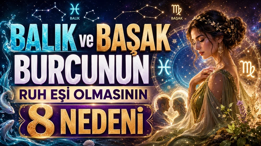 Balık ve Başak burcunun ruh eşi uyumunu anlatan, turkuaz ve altın tonlarda hazırlanmış; Balık ve Başak sembolleri, burç çarkı, romantik çift silüeti ve kadın figürü içeren astrolojik kapak görseli.