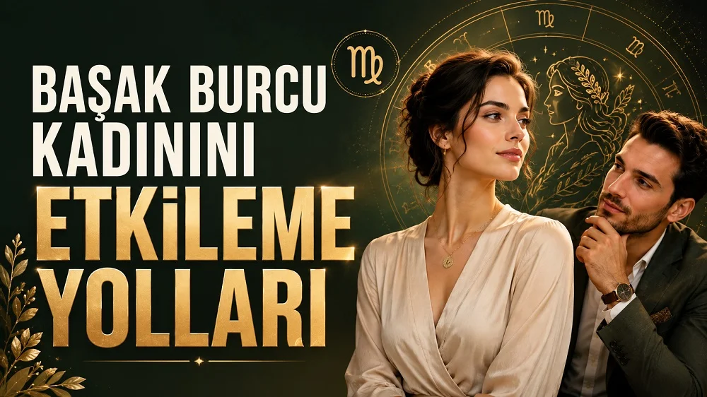 Başak Burcu Kadınını Etkileme Yolları başlıklı, zarif kadın ve onu etkileyen erkek figürlü, Başak burcu sembolü ve astroloji çemberi detayları bulunan modern kapak görseli.