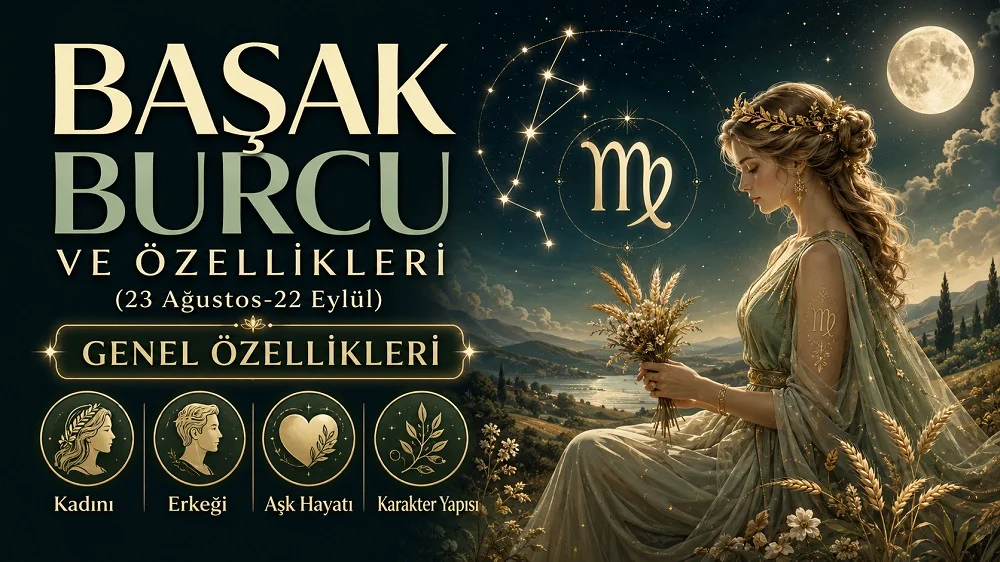 Başak burcu başlığı, zarif kadın figürü, başak demeti, yıldızlı gökyüzü, dolunay ve burç sembolleriyle hazırlanmış astroloji kapak görseli.