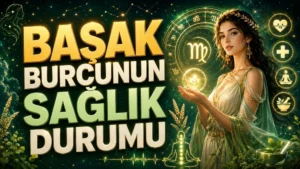 Başak Burcunun Sağlık Durumu başlıklı, Başak burcu sembolü, astroloji çemberi, sağlık ikonları, bitkisel detaylar, şifa enerjisi ve zarif kadın figürü içeren astroloji kapak tasarımı.